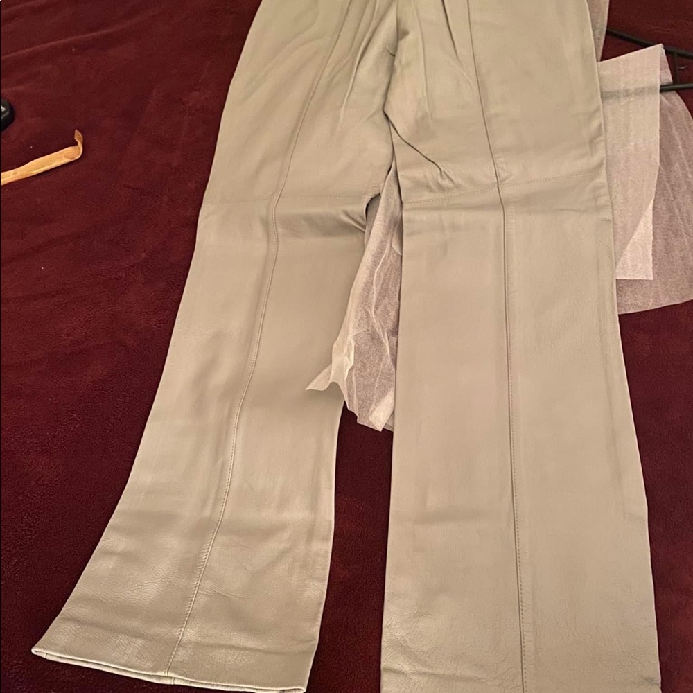 Leather pants straight legs light grey worn once inseam spandex/slimmer